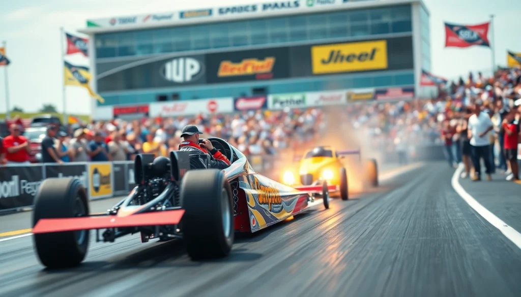 Engaging Drag Racing News scene featuring vibrant cars racing down a track.