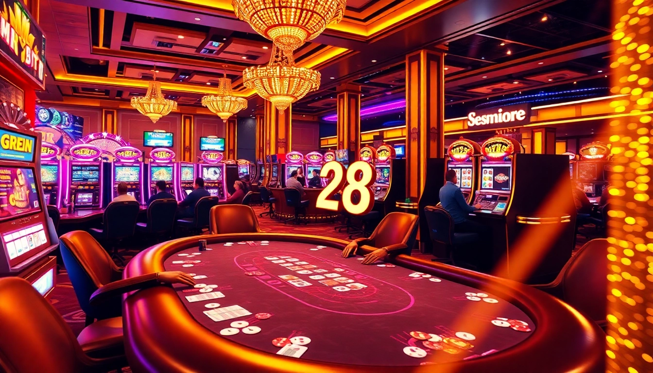 Experience the thrill of high-stakes poker at the e28 casino, showcasing vibrant gaming and exquisite decor.
