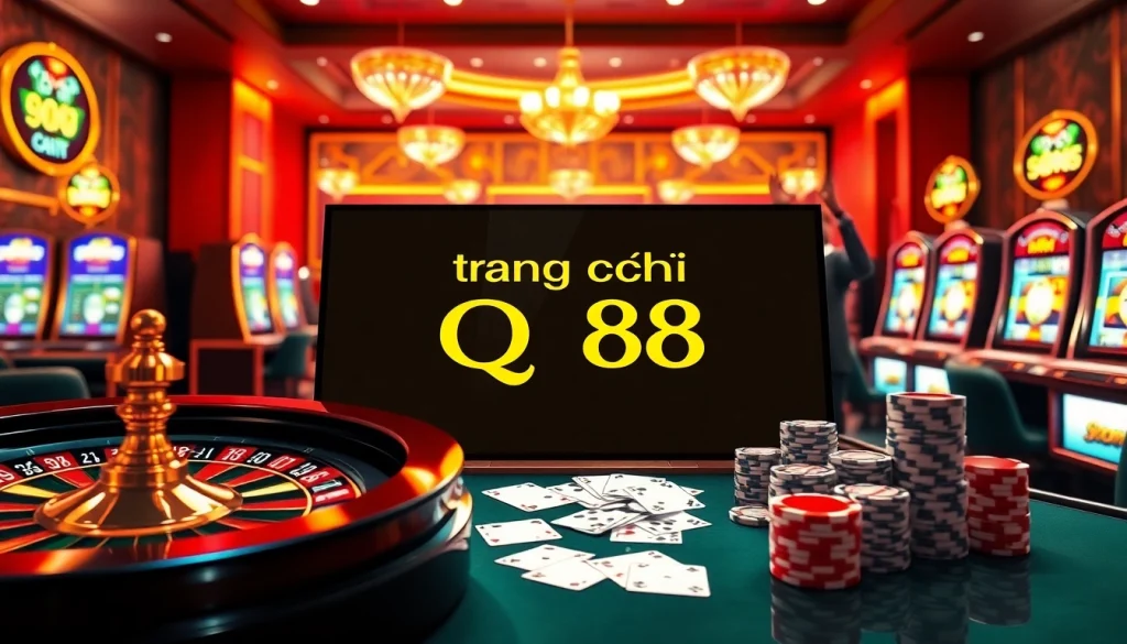 Experience the excitement of trang chủ qq88 with vibrant casino games, poker chips, and a spinning roulette wheel.