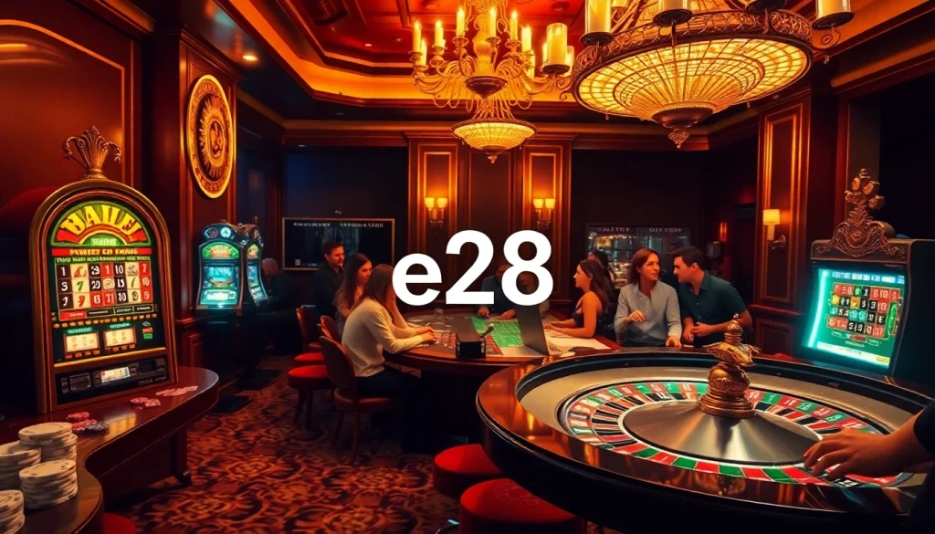 Players engaging at the e28 roulette table in an elite casino setting, capturing the thrill of gambling.