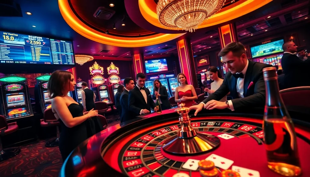 Players engaging in high-stakes roulette at 98win com, surrounded by vibrant casino lights and action.