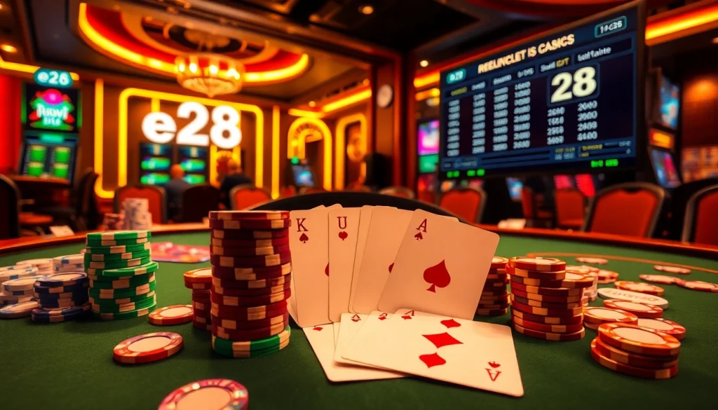 Experience the thrill of winning with e28 poker chips stacked high on a lavish casino table.