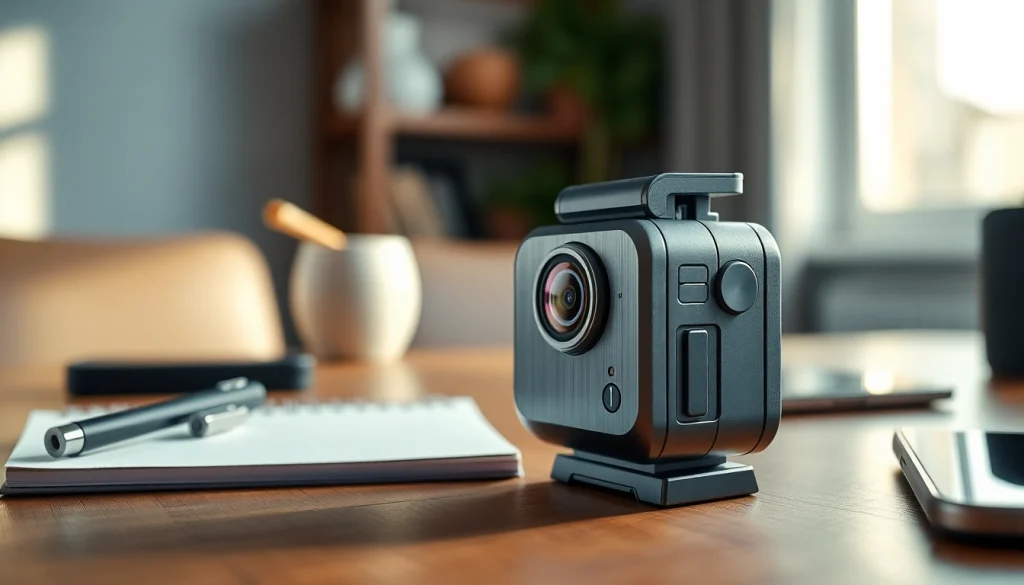 Mini cam demonstrating sleek design and high-tech features on a desk