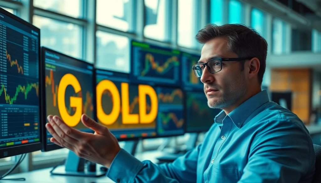Analyze GOLD SIGNALS with a financial analyst amidst trading screens and market data.