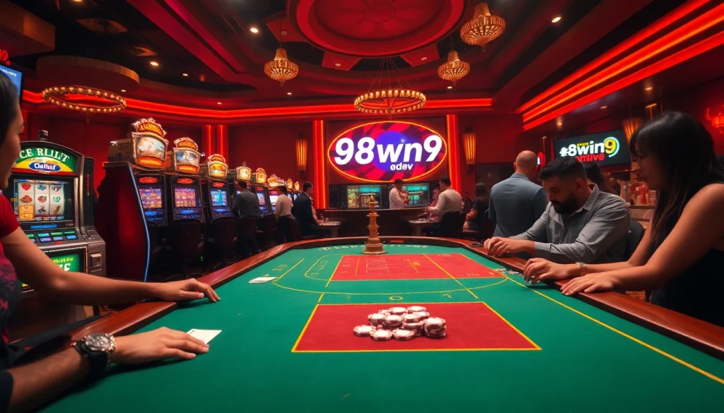 Experience a thrilling casino atmosphere with 98win9 dev at lively poker tables, elegant slots, and a spinning roulette wheel.
