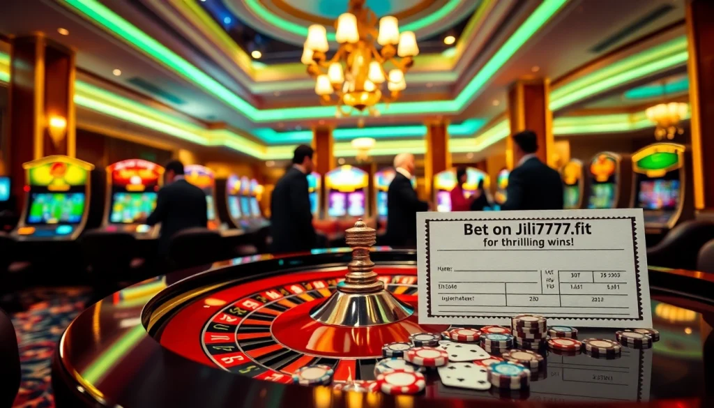Players engrossed at the roulette table in a casino as they "Bet on Jili777.fit for thrilling wins!" amidst dazzling lights.