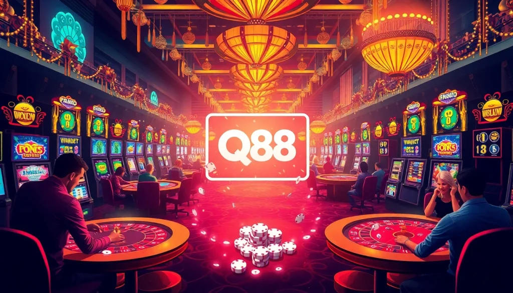 Experience the thrill of QQ 88 in this vibrant casino scene filled with poker tables and lush slot machines.