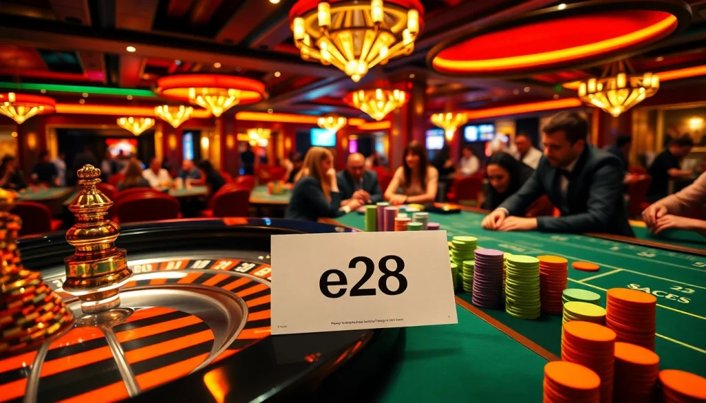 Players enjoying an exciting game at a casino with e28 betting slips in focus.