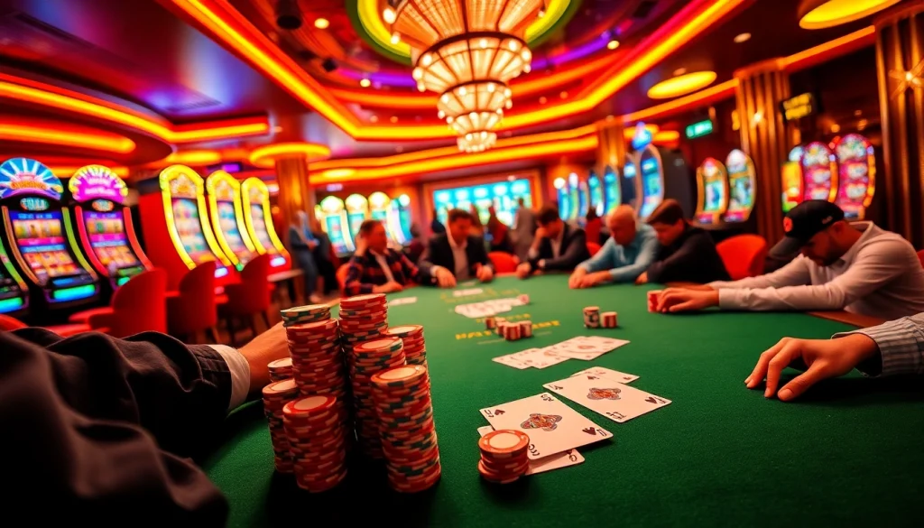A dynamic poker game scene at a casino with the website https://bvc.us.com/ featured on a betting slip, highlighting intense action on the felt table.