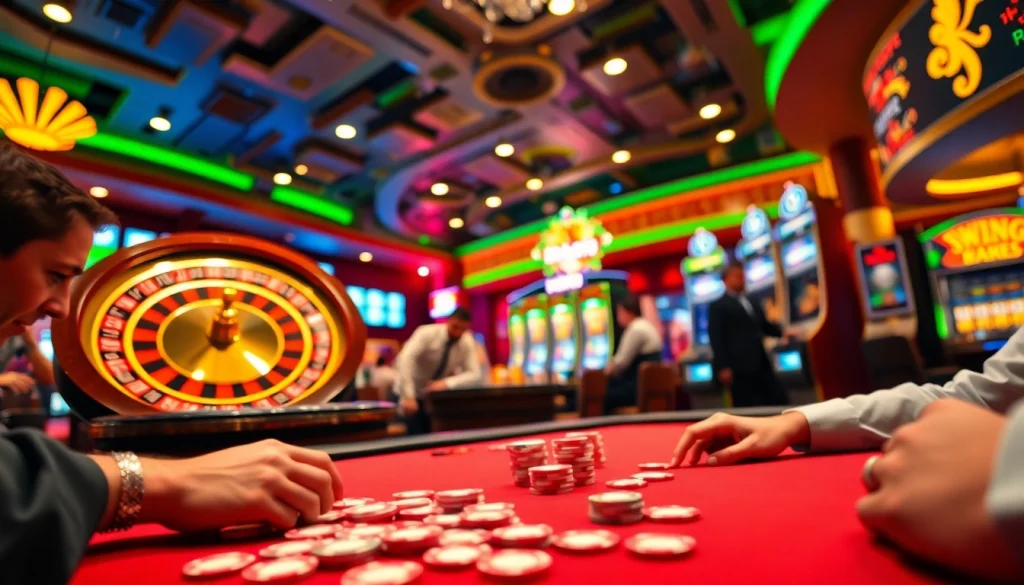 Experience the thrill of a casino scene where players engage in poker, highlighting rr888 in exciting betting actions.