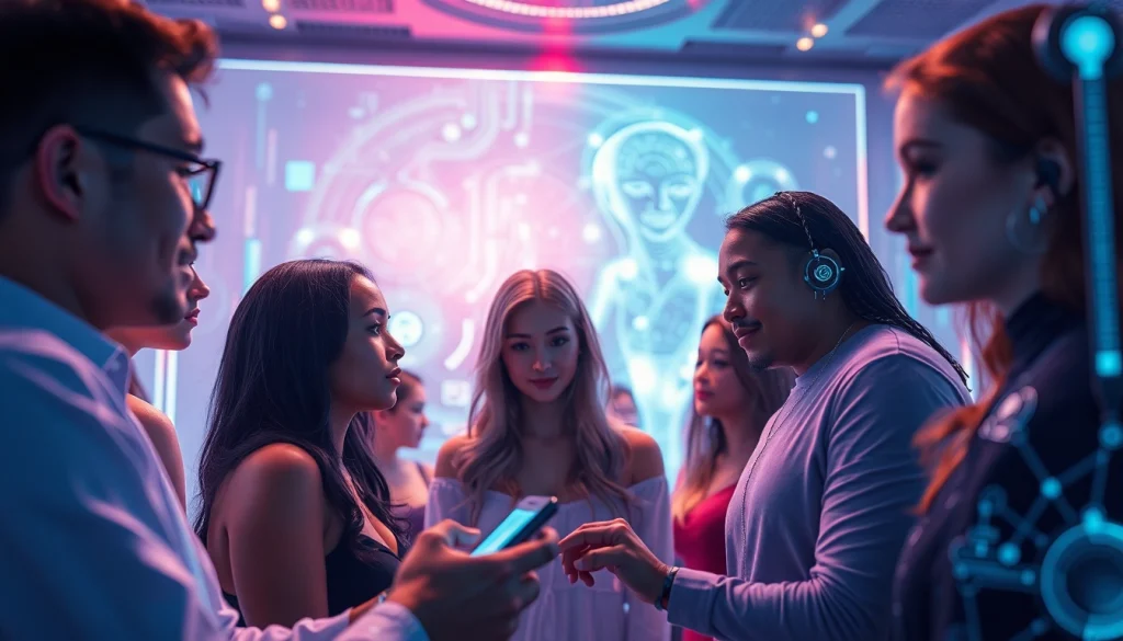 AI sex interaction in a futuristic, warm setting with diverse individuals engaging with technology.