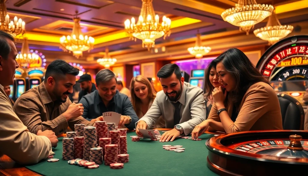 Explore the excitement at https://hz88.my/ with players engaged in high-stakes poker at a vibrant casino, showcasing tense strategy and vibrant atmosphere.