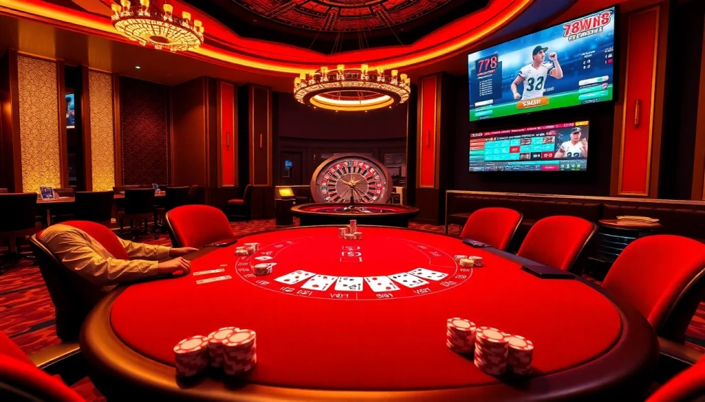 Players at the poker table at 78win8 experience high-stakes gaming excitement in a luxurious casino setting.