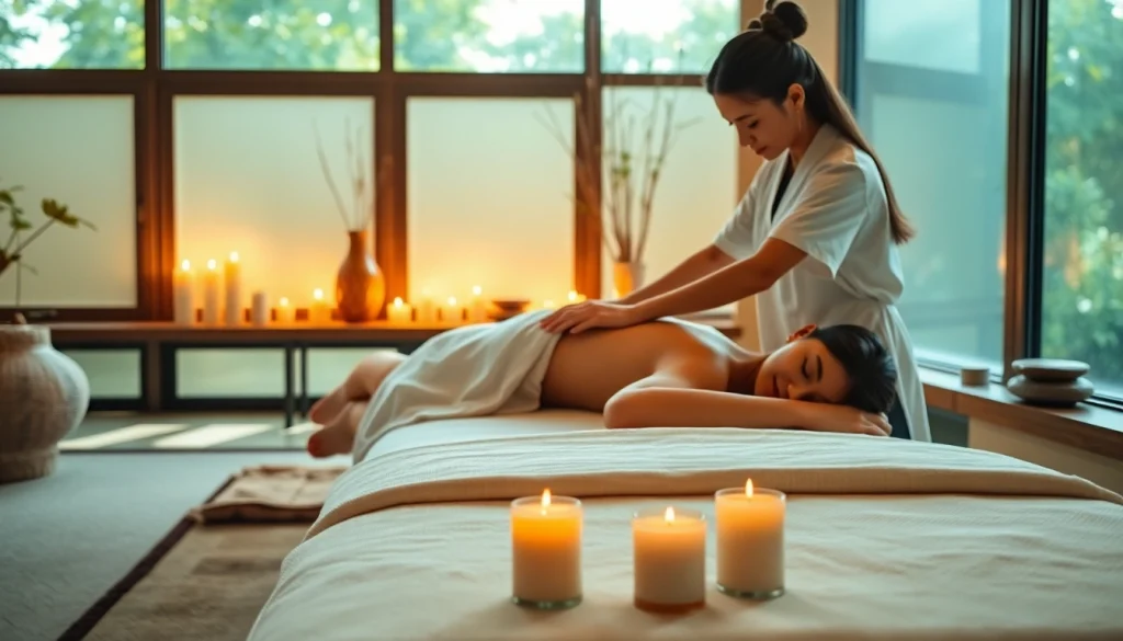 Experience a soothing 호치민 마사지 in a tranquil spa setting with natural lights and relaxing features.